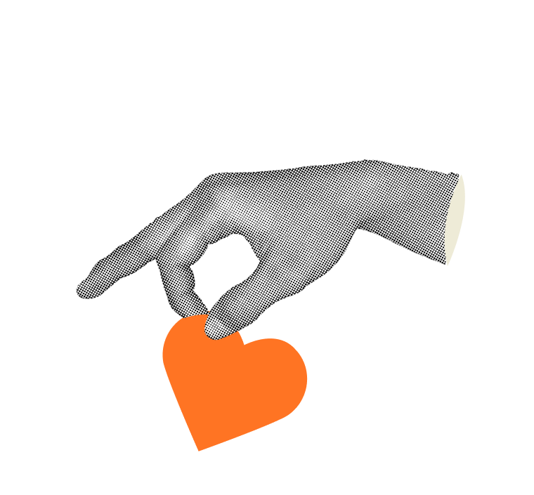 Mão segurando um coração em halftone, representando mobilização e doação.