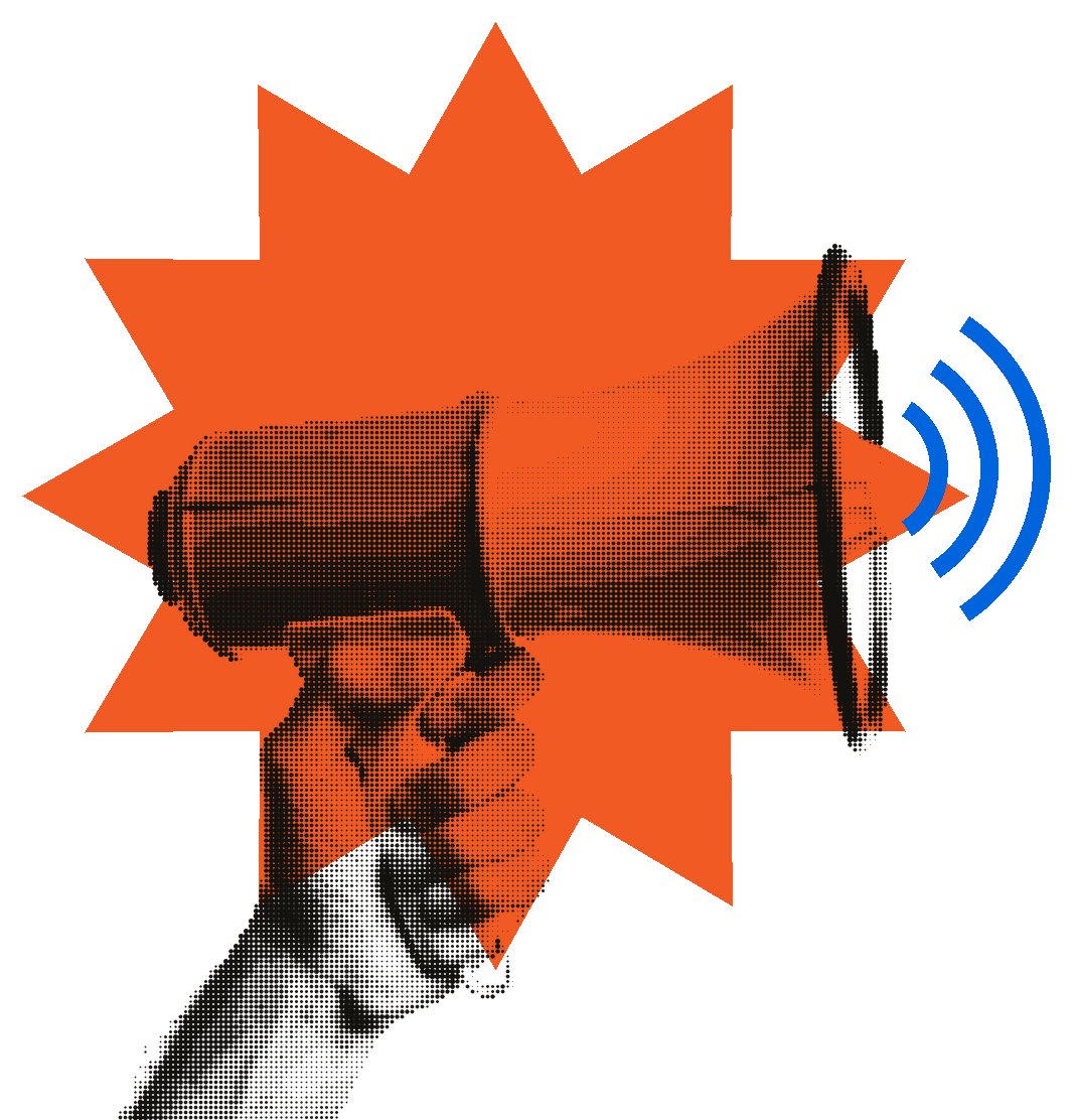 Ilustração em colagem: uma mão segurando um megafone em halftone sobre uma explosão laranja, com ondas sonoras saindo dele, representando a comunicação de causas.