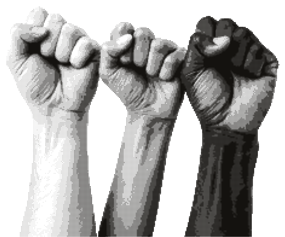 Três punhos erguidos em halftone, representando causas sociais e direitos.